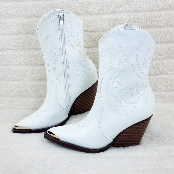 Tallas White Cowgirl Cowboy Ankle Boots Western Block Heels - Picture 2 of 7